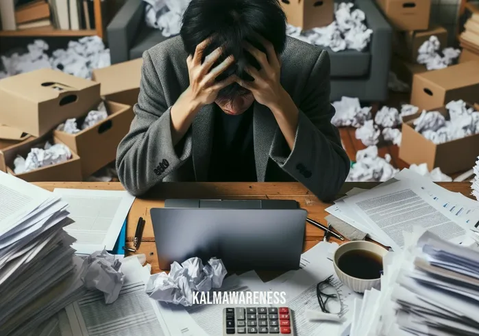 conscious vitality _ Image: A cluttered desk with a person looking stressed and overwhelmed. Image description: A cluttered desk with scattered papers, a laptop, and a stressed person with their head in their hands.