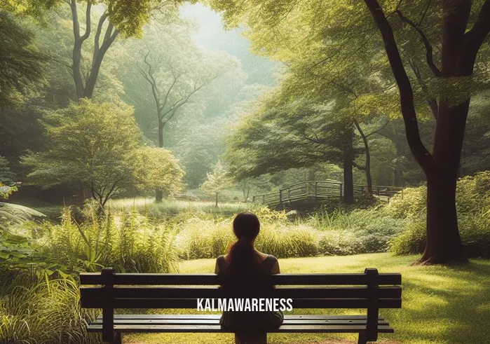 deep breathing pictures _ Image: A serene park setting, with a woman sitting on a bench, taking a deep breath. Image description: A peaceful park scene with a woman seated on a bench, taking a deep, calming breath amid lush greenery.