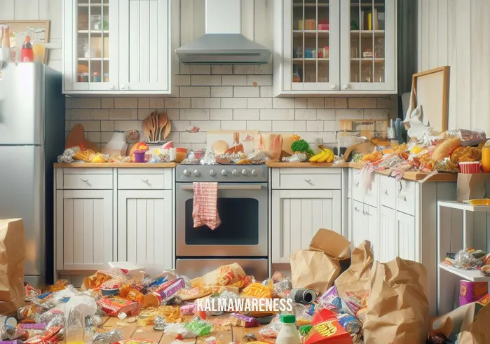 eschews food _ Image: A cluttered kitchen filled with junk food wrappers and empty takeout containers. Image description: The kitchen is a mess, with discarded food packaging and wrappers strewn all over the countertops and floor.