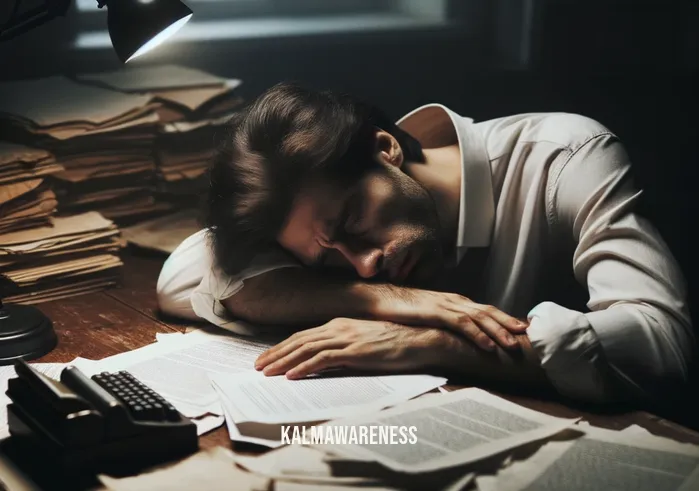 falling asleep clipart _ Image: A person sitting at a desk, struggling to keep their eyes open, surrounded by papers and a dimly lit room. Image description: A tired individual in a cluttered workspace, fighting off sleepiness.