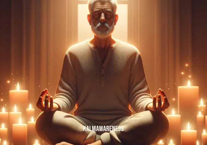 feeling tired after meditation _ Image: A person sitting cross-legged on a meditation cushion, looking peaceful and serene.Image description: A person sits in a quiet meditation space, eyes closed, hands resting on their knees. Soft candlelight illuminates the room, creating a tranquil atmosphere.