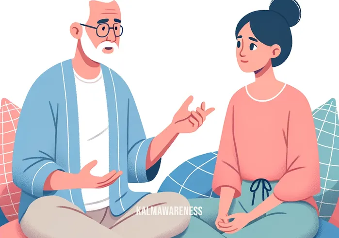 feeling tired after meditation _ Image: The person seeking guidance from a meditation instructor.Image description: The meditator consults with a meditation instructor, explaining their exhaustion and seeking guidance. The instructor listens attentively, offering support and reassurance.