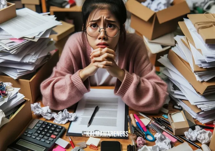 finding gratitude journal _ Image: A cluttered desk with scattered papers and a stressed person looking overwhelmed. Image description: A cluttered desk with scattered papers and a stressed person looking overwhelmed.