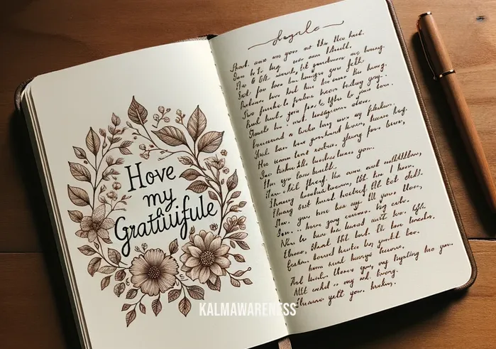finding gratitude journal _ Image: A close-up of the journal with words of gratitude written neatly on the page. Image description: A close-up of the journal with words of gratitude written neatly on the page.