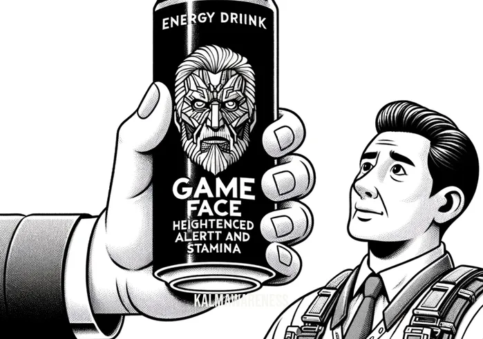 game face drink _ Image: A friend hands the gamer a chilled can of "Game Face" energy drink. The label promises enhanced concentration and energy.Image description: The friend