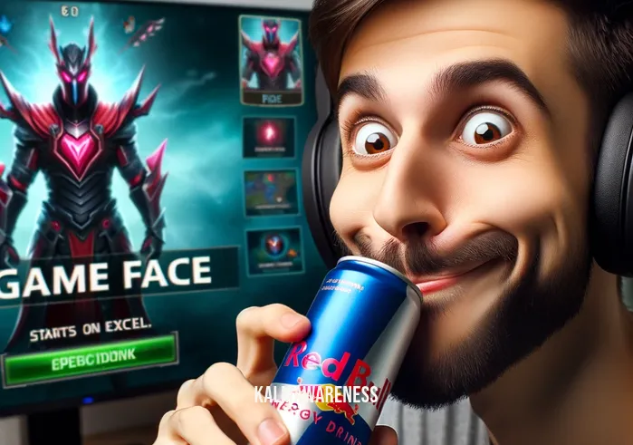 game face drink _ Image: The gamer takes a sip of "Game Face" energy drink, a look of surprise and renewed energy on their face. The game character on the screen starts to succeed.Image description: The gamer