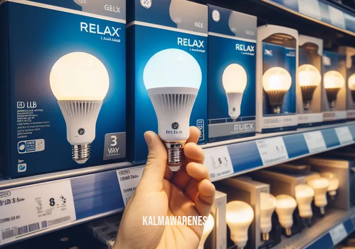 ge relax led 3 way _ Image: A hand reaching for a GE Relax LED 3-way bulb on a store shelf, surrounded by various lighting options.Image description: The solution is at hand as the person selects a GE Relax LED 3-way bulb for better lighting.