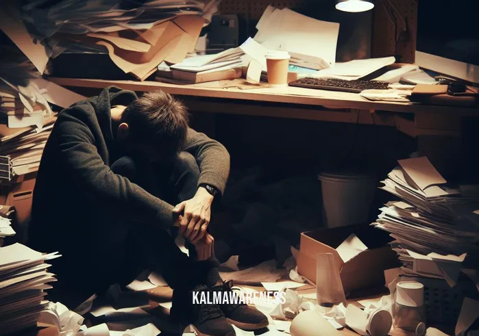 in my healing era _ Image: A cluttered, chaotic room with dim lighting. A person sits hunched over, looking overwhelmed and stressed, surrounded by scattered papers and empty coffee cups.Image description: A person in a cluttered room, feeling overwhelmed and stressed by their surroundings, surrounded by scattered papers and empty coffee cups.
