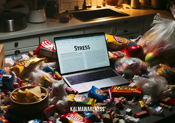 mindful blend chocolate _ Image: A cluttered kitchen counter filled with empty junk food wrappers and an open laptop showing stress-related articles.Image description: A chaotic scene of a kitchen counter strewn with discarded candy wrappers, chip bags, and an open laptop displaying stress-related articles. The environment is dimly lit, conveying a sense of disarray and unhealthy choices.