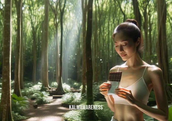 mindful blend chocolate _ Image: A woman in yoga attire, surrounded by serene nature, practicing mindfulness as she takes a bite of a Mindful Blend Chocolate bar.Image description: A woman in yoga attire stands amidst a tranquil forest, surrounded by lush greenery and dappled sunlight. She holds a Mindful Blend Chocolate bar, taking a mindful bite, symbolizing a shift towards healthier choices and inner calm.
