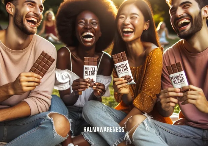 mindful blend chocolate _ Image: A group of diverse friends sharing laughter and Mindful Blend Chocolate bars during a picnic in a sunlit park.Image description: A joyful group of diverse friends gathers in a sunlit park, seated on picnic blankets. They share laughter while enjoying Mindful Blend Chocolate bars, emphasizing the positive social aspect and healthy snacking.