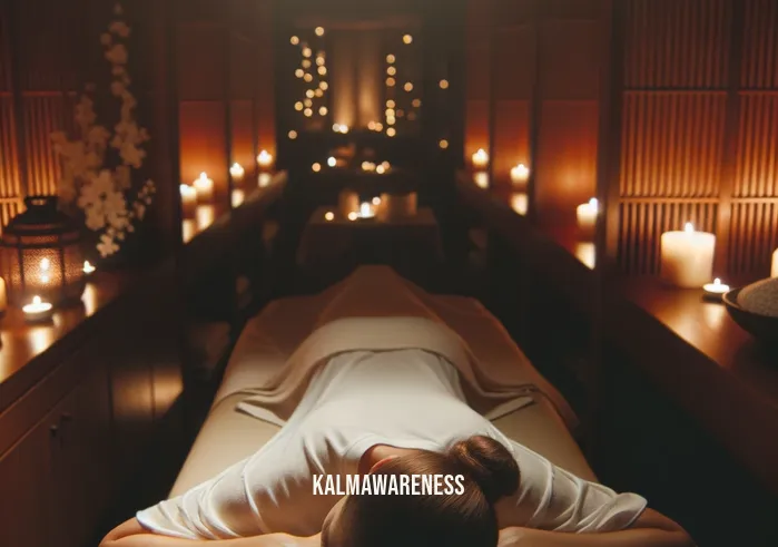 mindful body massage _ Image: A dimly lit room with soft, soothing music playing in the background. A person lies face down on a massage table, their muscles tense and knotted.Image description: A person receiving a mindful body massage, lying face down on a massage table in a serene, dimly lit room. The tension in their muscles is evident.