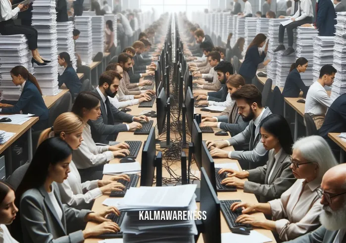 mindful break _ Image: A crowded, bustling office with employees hunched over their desks, looking stressed and overwhelmed.Image description: The office is filled with people typing furiously on their keyboards, surrounded by stacks of paperwork. Tension and stress are palpable in the air.