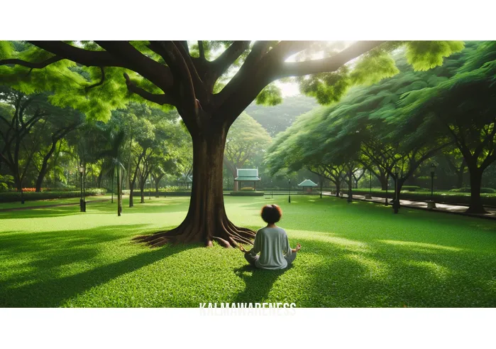 mindful break _ Image: A serene park scene, with a person sitting cross-legged on a lush green lawn, practicing mindfulness meditation under the shade of a tree.Image description: In stark contrast to the office chaos, someone finds solace in nature, practicing mindfulness meditation in a peaceful park, surrounded by nature