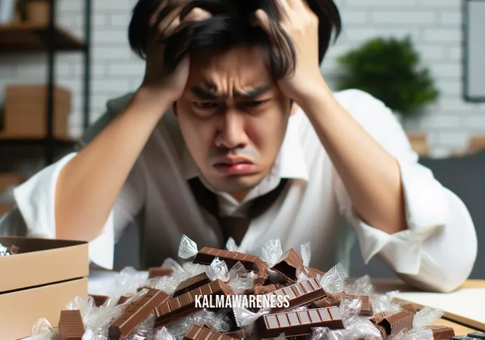 mindful chocolate bar _ Image: A cluttered desk with empty chocolate wrappers and a stressed person in the background. Image description: A cluttered desk with empty chocolate wrappers and a stressed person in the background.
