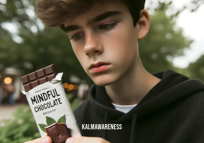 mindful chocolate bar _ Image: A person holding a mindful chocolate bar, reading the label with a curious expression. Image description: A person holding a mindful chocolate bar, reading the label with a curious expression.