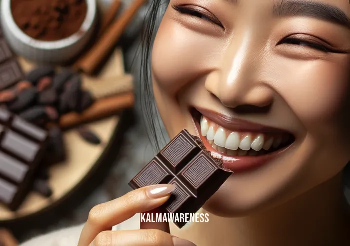 mindful chocolate bar _ Image: Close-up of the person smiling as they savor a bite of the mindful chocolate. Image description: Close-up of the person smiling as they savor a bite of the mindful chocolate.
