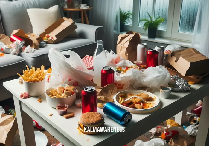 mindful plate _ Image: A cluttered dining table with fast food wrappers, soda cans, and empty plates. Image description: A messy dining scene with unhealthy food remnants strewn around.
