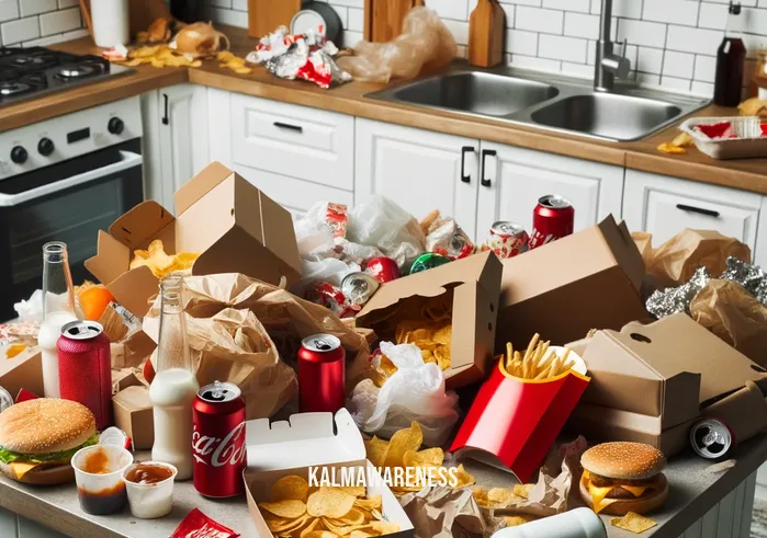 mindful foods _ Image: A cluttered kitchen counter filled with fast food containers and unhealthy snacks. Image description: A messy kitchen counter with empty fast food containers, soda cans, and bags of chips.