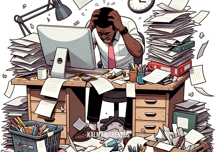 mindful harmony app _ Image: A cluttered desk with scattered papers, a stressed person hunched over it, surrounded by chaos.Image description: A cluttered desk covered in scattered papers, pens, and a laptop. A stressed individual sits hunched over, surrounded by the chaos of a busy work environment.