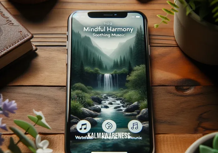 mindful harmony app _ Image: A smartphone displaying the Mindful Harmony app, with serene nature scenes and soothing music, offering a moment of respite.Image description: A smartphone screen displays the Mindful Harmony app, showcasing serene nature scenes and playing soothing music, providing a moment of respite from the chaos.