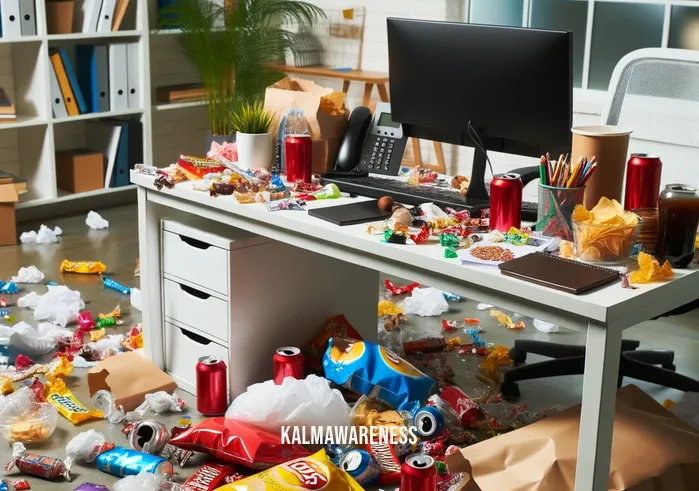 mindful snacks _ Image: A cluttered office desk filled with empty chip bags, candy wrappers, and soda cans.Image description: A chaotic workspace with unhealthy snack remnants, symbolizing mindless eating habits.