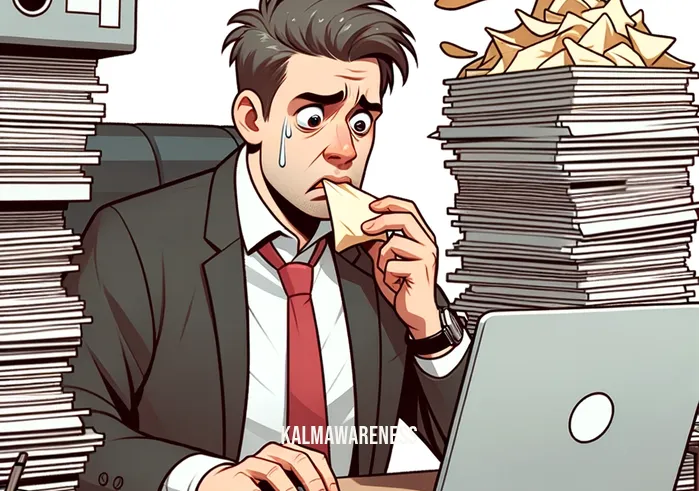 mindful snacks _ Image: A person at the same desk, looking stressed and overwhelmed, munching on chips while staring at a computer screen.Image description: A stressed individual mindlessly snacking while working, illustrating the impact on mental well-being.