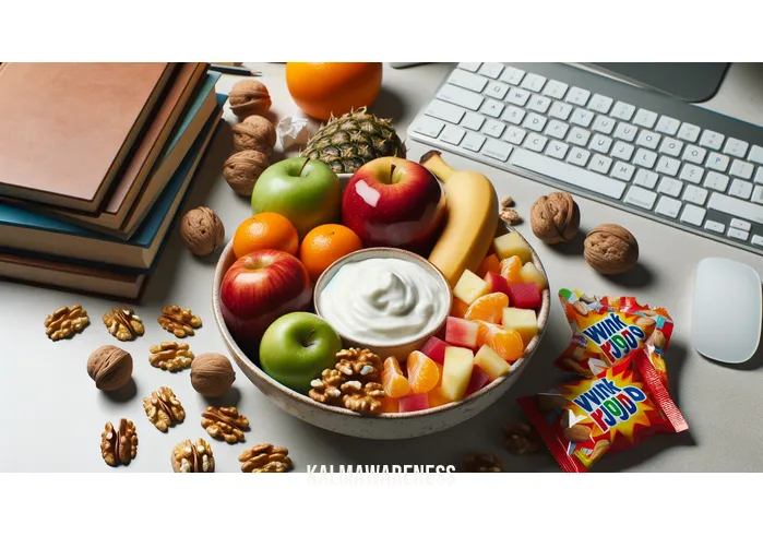 mindful snacks _ Image: A colorful bowl of fresh fruit, nuts, and yogurt on the desk, replacing the junk food.Image description: A healthy snack option replacing junk food, promoting mindfulness in snacking choices.