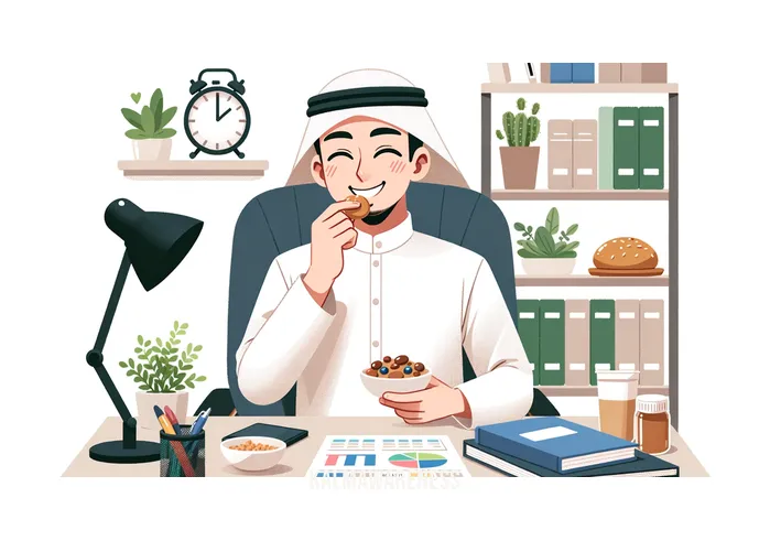 mindful snacks _ Image: The same person at the desk, now calmly enjoying the nutritious snack while working with a smile.Image description: A person savoring a mindful snack, displaying a more relaxed and content demeanor.