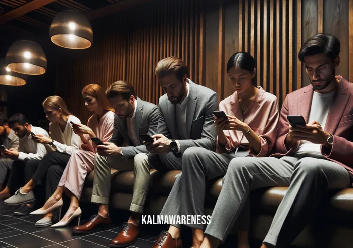 mindful spa _ Image: A dimly lit spa waiting area with people slouched over their phones, appearing stressed and disconnected from the present moment.Image description: A group of individuals sit in a serene spa waiting room, hunched over their smartphones, their faces displaying signs of stress and distraction.