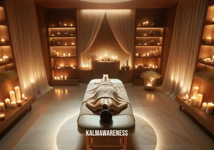 mindful spa _ Image: A tranquil spa room with a massage table, soft lighting, and a person lying face down, visibly tense.Image description: A peaceful spa room with a massage table bathed in soft, soothing light. A person lies face down on the table, their body visibly tense, awaiting relaxation.