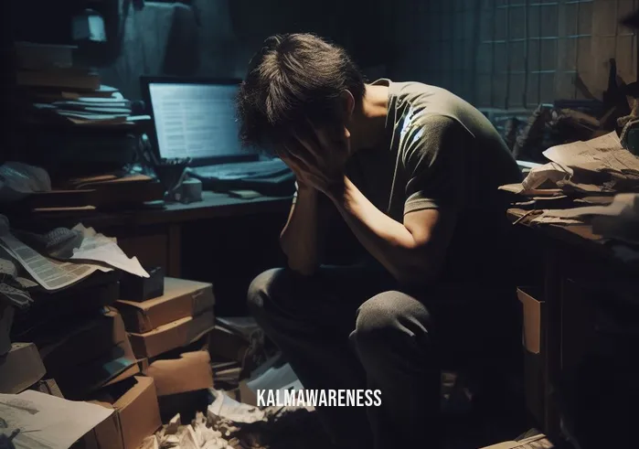mindful wellness counseling _ Image: A cluttered, dimly lit room with a person sitting hunched over a desk, looking overwhelmed by stress and anxiety.Image description: A person sits in a cluttered room, surrounded by disarray, conveying stress and anxiety.