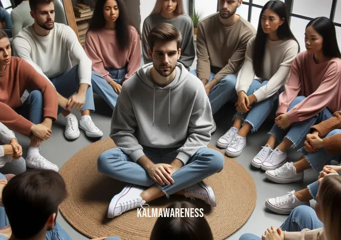 mirroring activity therapy _ Image: The individual now sits across from a group of supportive peers in a circle, the mirror in the room reflecting the sense of belonging and connection they feel.Image description: Seated in a circle with supportive peers, the individual finds a sense of belonging and connection, as seen in the reflection in the room