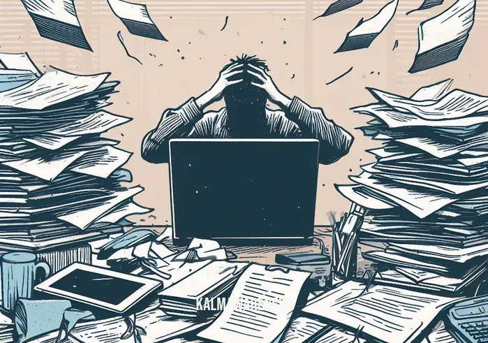 move mindfully _ Image: A cluttered, messy desk with papers and open laptops. Image description: A person at the desk, overwhelmed, hands on their head, surrounded by chaos.