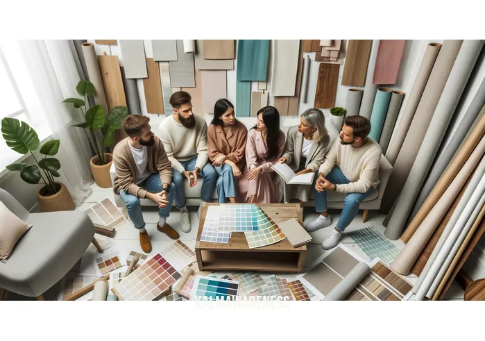 namaste nail sanctuary _ Image: A team of interior designers and decorators brainstorming ideas, surrounded by swatches of calming pastel colors, natural wood textures, and eco-friendly materials.Image description: In the second image, there