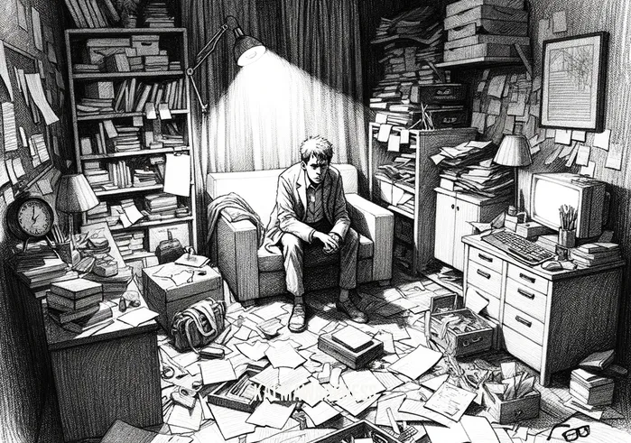 radiantly mindful counseling services _ Image: A dimly lit room with a person sitting alone, looking distressed, and surrounded by scattered papers and clutter.Image description: In the initial scene, we see a person sitting in a dimly lit room, surrounded by clutter, and appearing distressed, symbolizing the initial problem.
