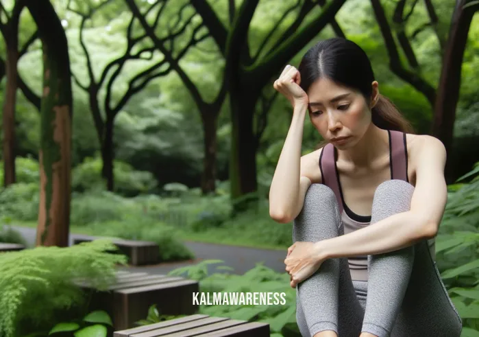 verge yoga _ Image: A woman in yoga attire sitting on a park bench, appearing contemplative and stressed. Image description: Amidst the chaos, a moment of pause as she contemplates her stress.