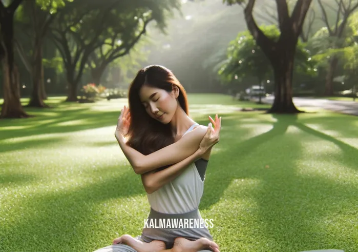 verge yoga _ Image: The same woman now practicing yoga on a quiet, serene park lawn, finding inner peace. Image description: She transitions into a calming yoga pose, surrounded by nature