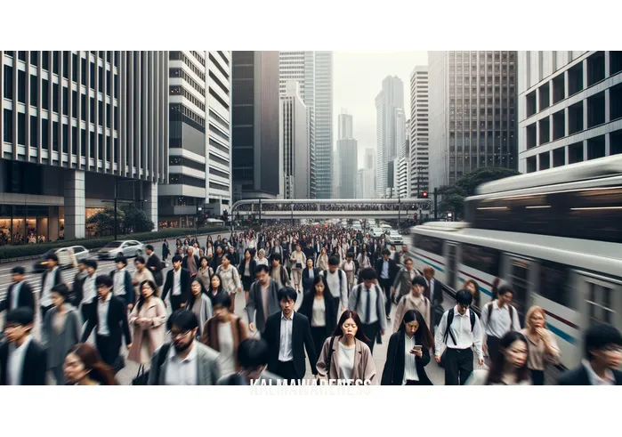 vitality meditation _ Image: A crowded, bustling city street during rush hour, people hurrying past each other, looking stressed and fatigued.Image description: The city street is filled with people in a hurry, their faces showing signs of stress and fatigue as they navigate the chaotic urban environment.