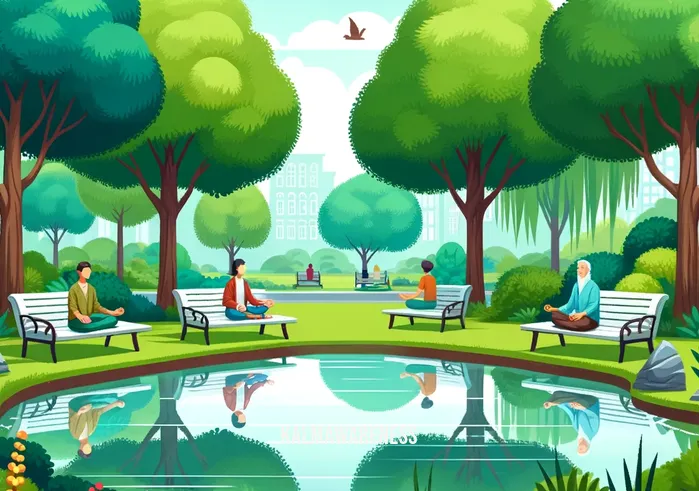 vitality meditation _ Image: A serene park with a tranquil pond, surrounded by lush greenery and colorful flowers, a few people sitting on benches, attempting to meditate amidst the distractions.Image description: A peaceful park setting with a serene pond, surrounded by vibrant flora, where a few individuals are seen trying to meditate amidst the distractions of nature.