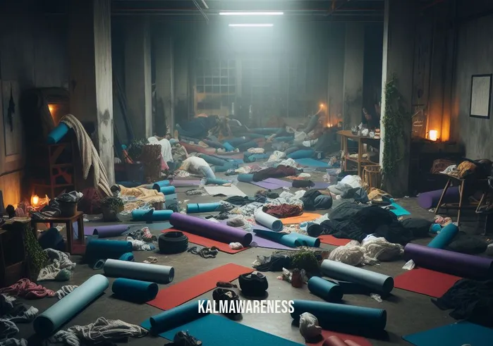 wave room yoga _ Image: A dimly lit room with cluttered yoga mats scattered haphazardly. Image description: Chaos reigns as participants struggle to find space for their practice.