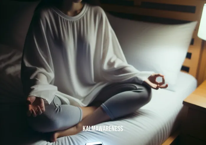 why you should not meditate at night _ Image: A dimly lit bedroom with a person sitting cross-legged on a bed, attempting to meditate with a smartphone nearby. Image description: In a softly lit bedroom, a person sits on a bed, legs crossed, attempting to meditate at night. A smartphone sits nearby, its screen illuminating the room slightly.