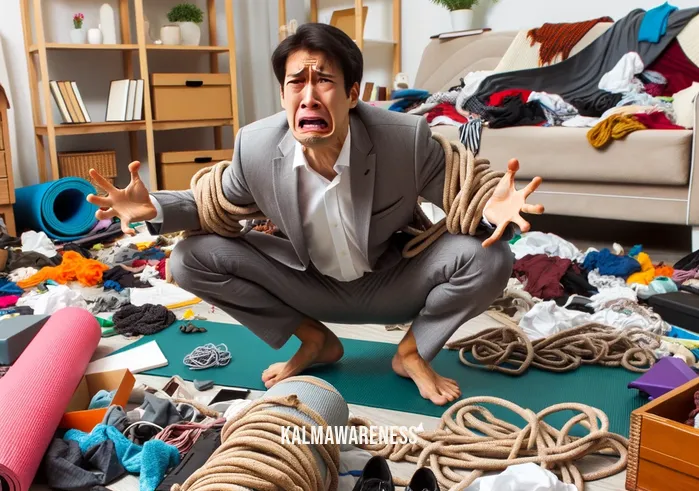 yoga downward spiral _ Image: A cluttered, chaotic room with a disheveled yoga mat, scattered props, and a stressed-looking person attempting a difficult yoga pose.Image description: Amidst the mess, a practitioner struggles to find balance in the midst of life