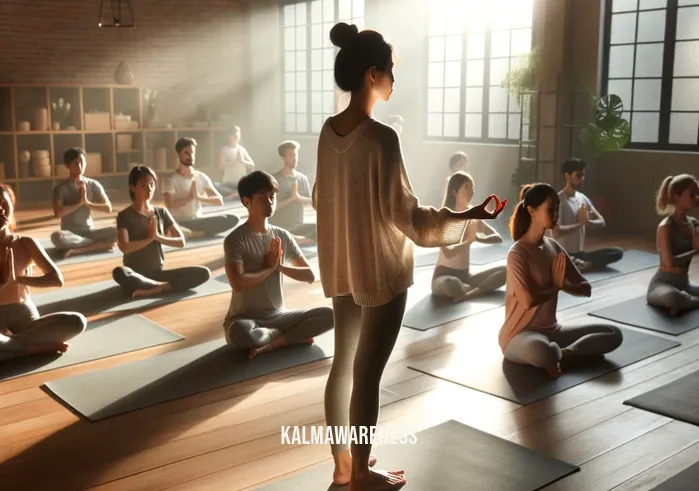 yoga downward spiral _ Image: A serene yoga studio bathed in soft sunlight, with an instructor guiding a group of students through a calming, grounding yoga session.Image description: Under the guidance of a skilled instructor, the yoga class fosters a sense of tranquility and connection, offering a path towards balance and self-discovery.