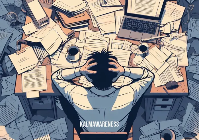 your body on _ Image: A cluttered desk with scattered papers, a stressed person in front. Image description: A messy desk with disorganized papers, a person looking overwhelmed.