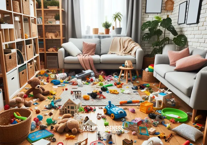 simple human step can _ Image: A cluttered living room with toys and obstacles scattered all over the floor. Image description: A messy living room filled with toys and clutter, creating a hazard for movement.