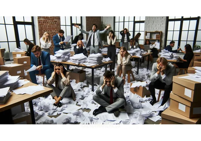 settled down meaning _ Image: A cluttered and chaotic workspace with scattered papers and stressed individuals.Image description: An office filled with disorganized papers, people looking overwhelmed, and a tense atmosphere.