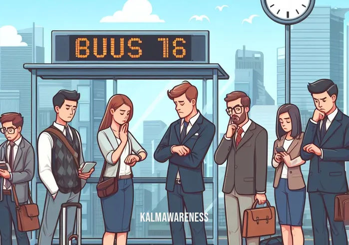 one convenient location _ Image: A group of frustrated commuters waiting at a disorganized bus stop. Image description: People standing impatiently, checking their watches, and looking annoyed.