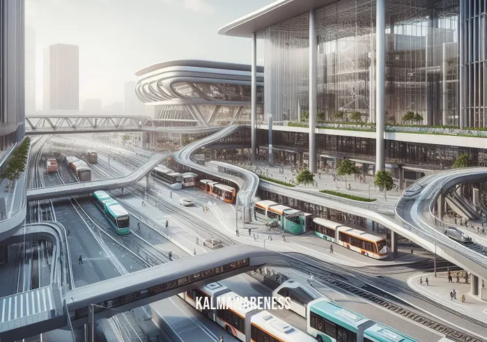 one convenient location _ Image: A modern transportation hub with buses, trains, and trams all converging. Image description: A well-designed, centralized transport station offering various options for travelers.