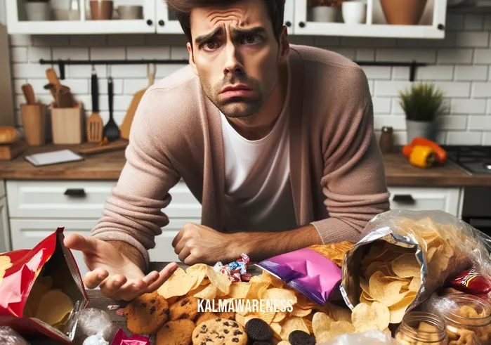 mindfully food cravings _ Image: A cluttered kitchen counter with open bags of chips, cookies, and candy wrappers. A person stands with a conflicted expression, reaching for another treat. Image description: A chaotic scene of temptation in a messy kitchen, where unhealthy snacks surround a person struggling with food cravings.